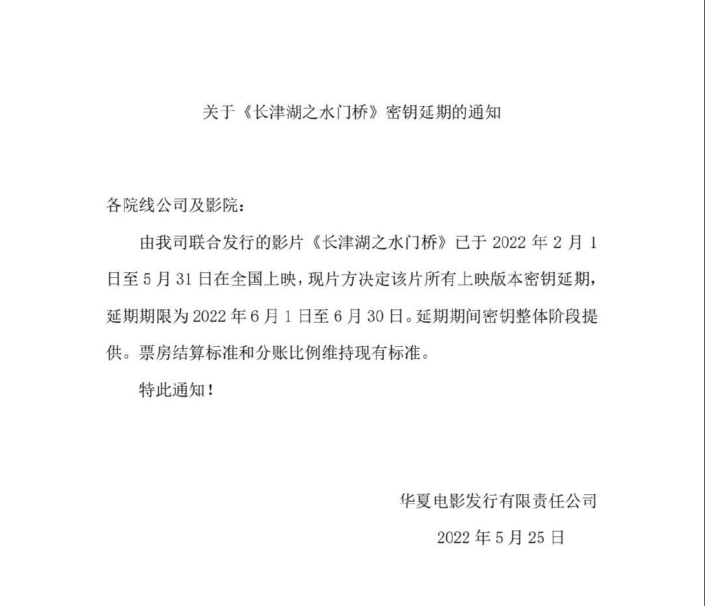 关于影片《长津湖之水门桥》第三次密钥延期的通知